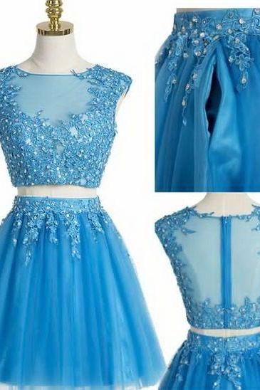 Blue Lace Applique Two Piece Homecoming Dress, Lovely Teen Formal Dress, Party Dress 2018