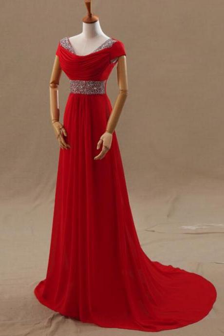 Beautiful Red Cap Sleeves Beaded Chiffon A-line Long Party Gowns, Red Formal Dress 2018, Red Wedding Party Dresses