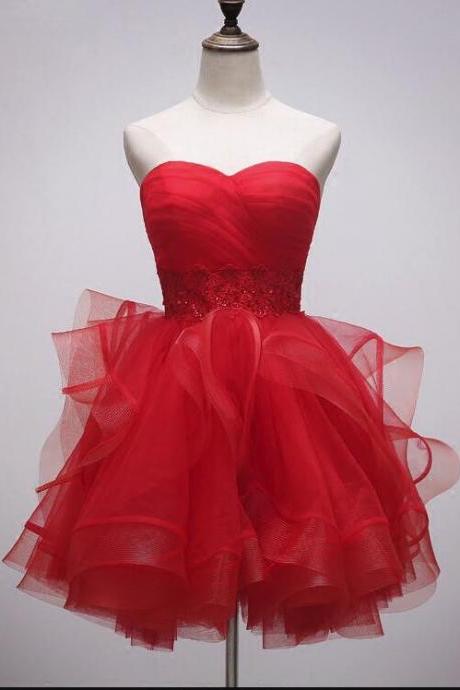 Beautiful Red Tulle Short Sweetheart Homecoming Dress, Lace-up Teen Party Dress, Tea Formal Dress