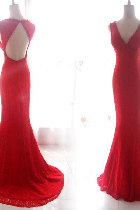 Beautiful Red Lace Sexy Wedding Party Dress, Red Party Gowns, Red Formal Dress