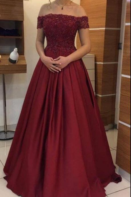 Burgundy Off Shoulder Satin Prom Gowns, Junior Prom Dress 2018, Long Party Dress 2018