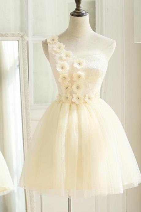 Cute Ivory Tulle One Shoulder Party Dress With Flowers, Cute Formal Dress, Teen Girls Dresses
