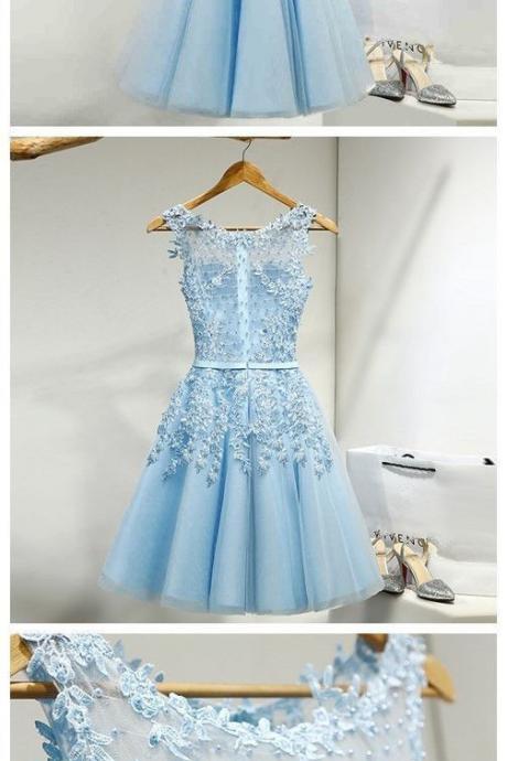 Beautiful Simple Light Blue Short Knee Length Homecoming Dresses, Blue Homecoming Dress, Blue Party Dress