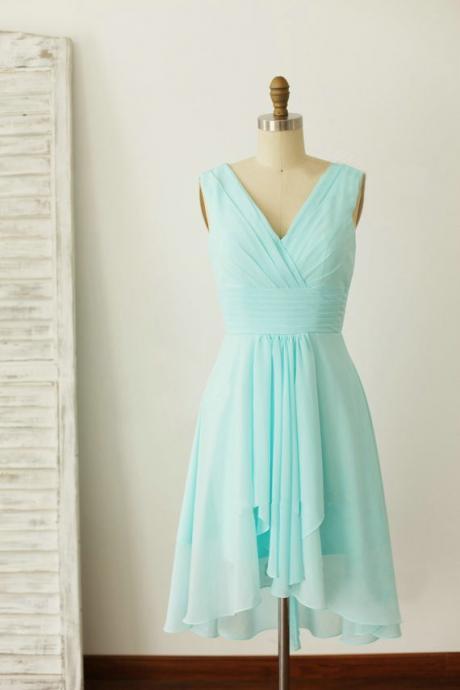 Mint Blue V-neckline Chiffon Wedding Party Dress, Beautiful Short Party Dress, Chiffon Dress