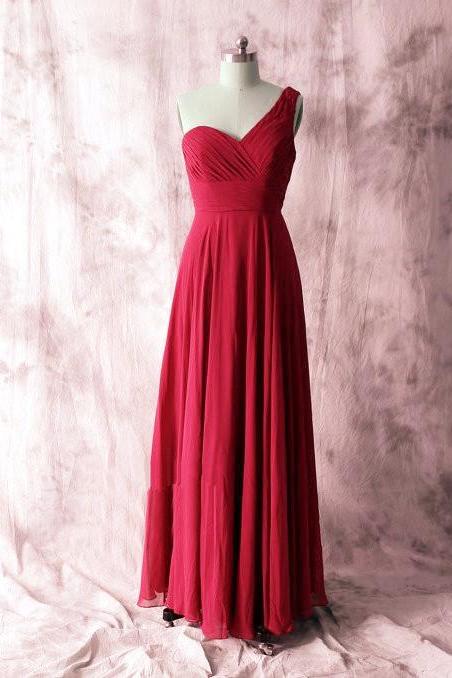 Wine Red One-shoulder Ruched Chiffon A-line Floor-length Bridesmaid Dress