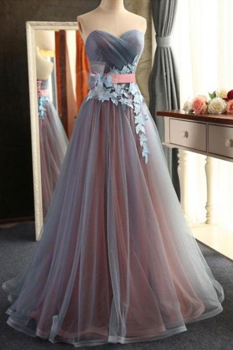 Beautiful Sweetheart Tulle Long Junior Prom Dress with Flowers Belt, Charming Party Dress, Long Evening Gowns