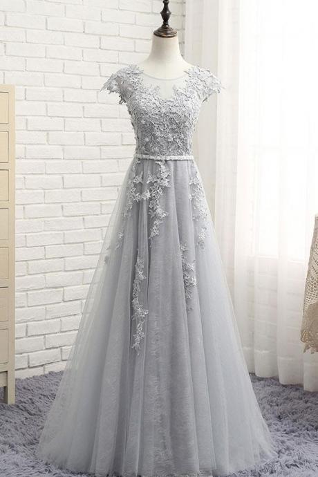 Grey Tulle Handmade Long Junior Party Dress, Prom Dress, Tulle Formal Gowns 2018