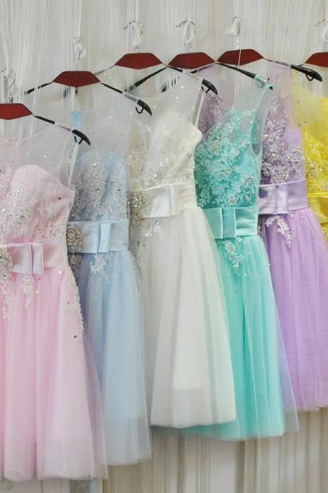 Cute Tulle Short Round Neckline Bridesmaid Dresses, Tulle Party Dress, Short Formal Dress, Evening Dresses 2018