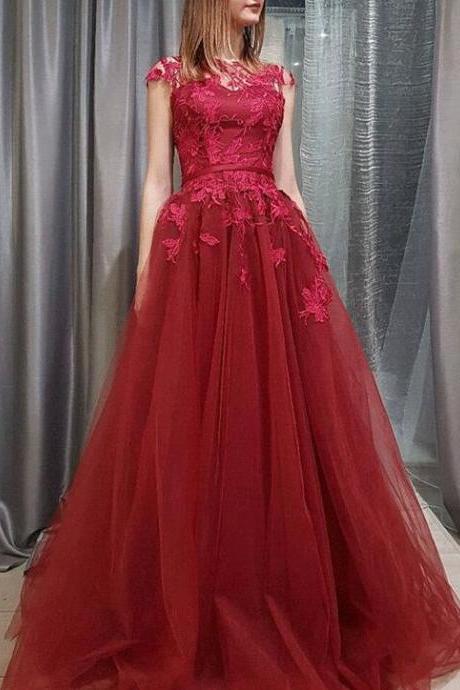 Burgundy A-line Lace And Tulle Long Formal Dress 2018, Charming Party Dress, Formal Gowns