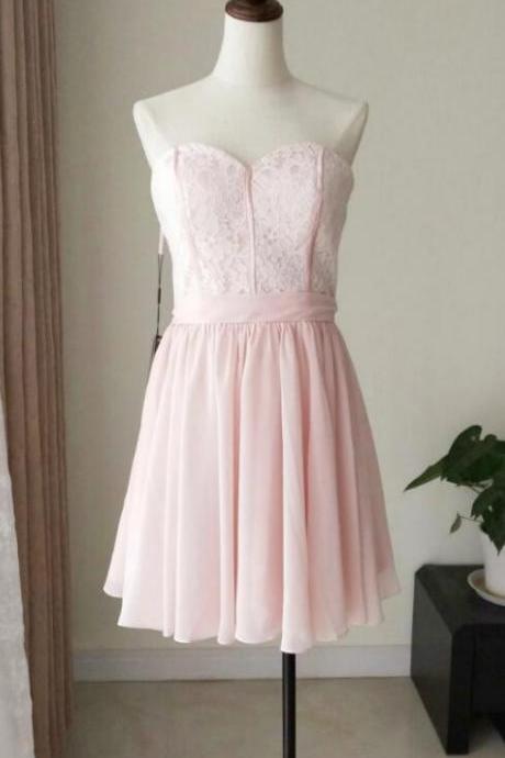 Pink Lace And Chiffon Sweetheart Short Wedding Party Dress, Pink Formal Dress, Teen Party Dress 2018