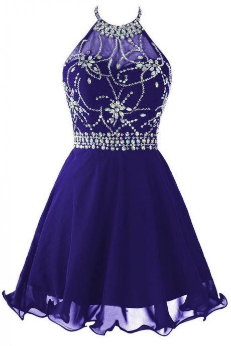 Royal Blue Halter Beaded Short Chiffon Party Dress, Blue Formal Dress, Homecoming Dresses 2018