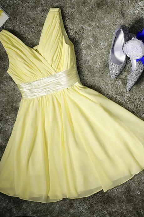 Light Yellow Chiffon Pretty Bridesmaid Dress, Knee Length Formal Dress, Yellow Bridesmaid Dresses 2018
