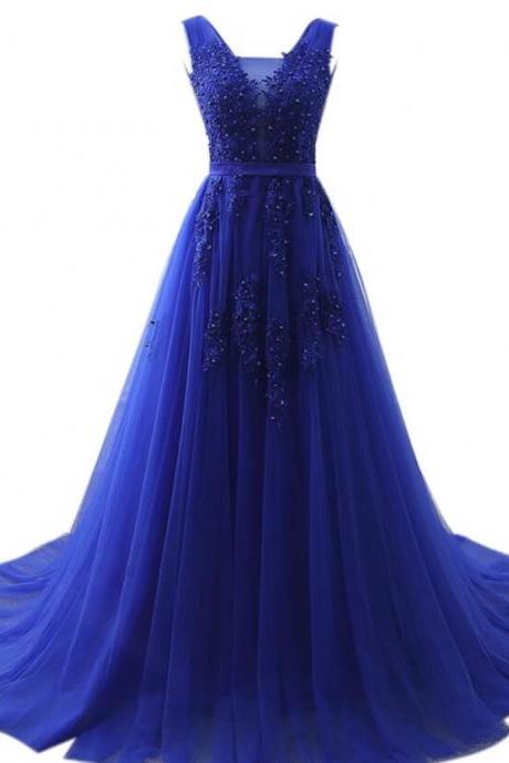 Royal Blue Tulle V-neckline Long Elegant Formal Gowns, Blue Party Dresses, Formal Dresses 2018