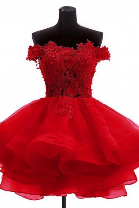 Red Off Shoulder Organza With Lace Detail Formal Dress, Red Formal Dresses, Red Party Dress 2018