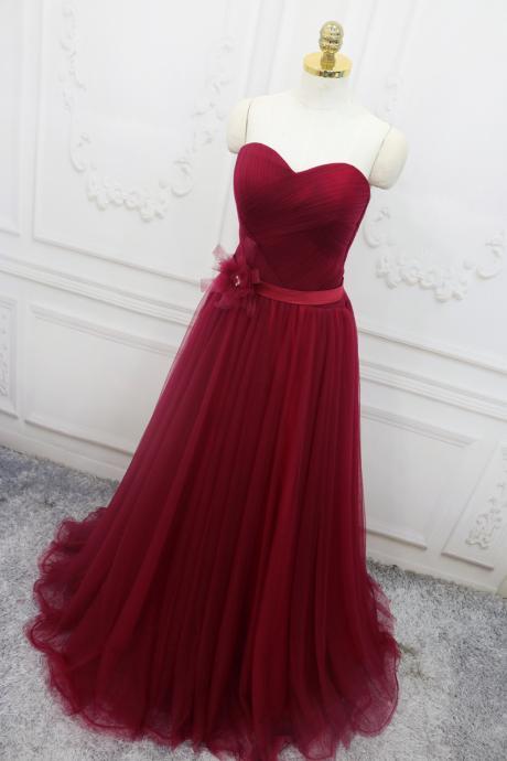 Wine Red Sweetheart Tulle Floor Length Handmade Prom Dress, Charming Formal Gowns, Party Dress 2018