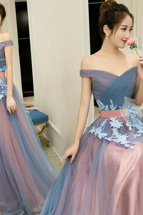 Sweetheart Tulle Off Shoulder A-line Long Prom Gowns, Floor Length Party Dresses 2018, Handmade Formal Gowns