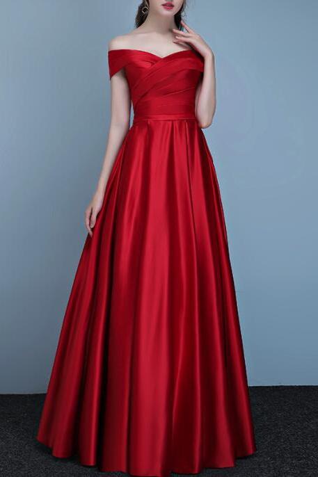 Red Satin Off Shoulder A-line Simple Pretty Long Formal Dress, Pretty Party Dress 2018, Beautiful Formal Dresses