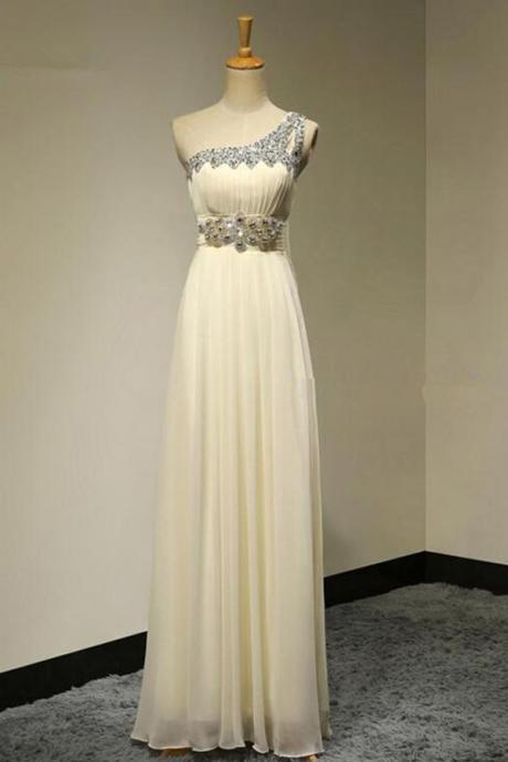 Lovely Chiffon One Shoulder Ivory Floor Length Beaded Wedding Party Dress, Beautiful Formal Dress, Pretty Party Dress