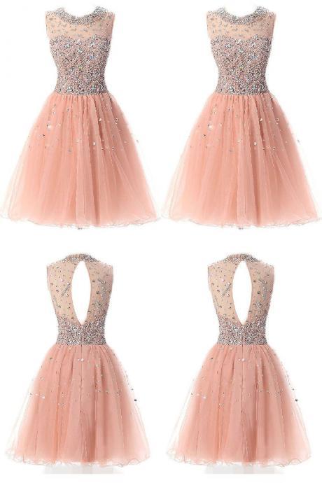Lovely Pearl Pink Short Beaded Homecoming Dress,back To School Short Dress,tulle Sleeveless Knee Length Graduation Dresses