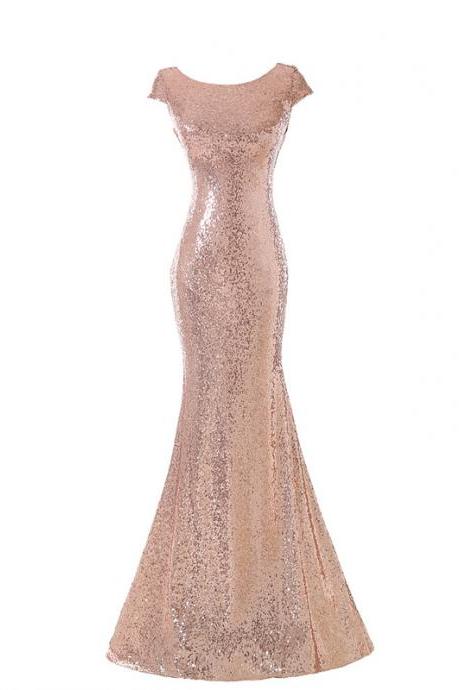 Beautiful Golden Sequin Backless Long Bridesmaid Dress With Cap Sleeves, Sequins Bridesmaid Dress 2018, Long Party Dress