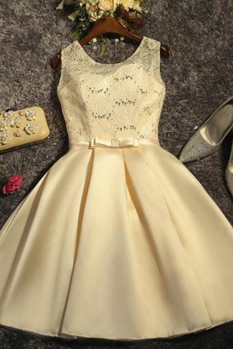Champagne Lace Sleeveless Knee Length Party Dress 2018, Beautiful Party Dresses, Prom Dress 2018