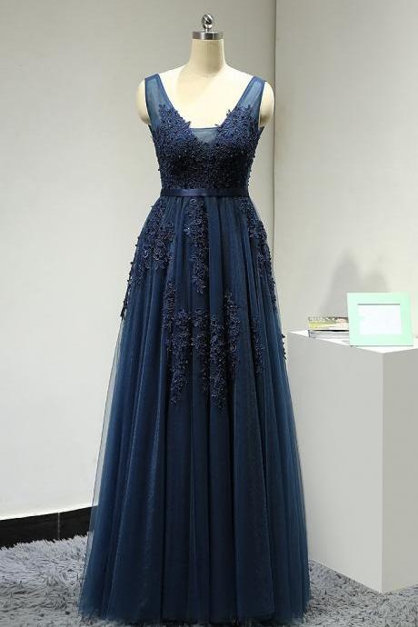 Navy Blue Elegant Bridesmaid Dresses, Tulle And Lace Bridesmaid Dress 2018, Formal Gowns 2018