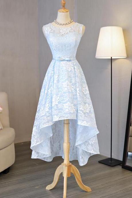 Ice Blue Elegant High Low Teen Party Dress, Beach Wedding Party Dress, Lace Formal Dresses