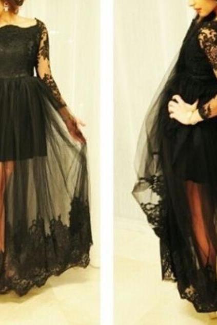 Black Lace And Applique Sleeves Party Dresses, Black Evening Party Dress, Plus Size Formal Dresses