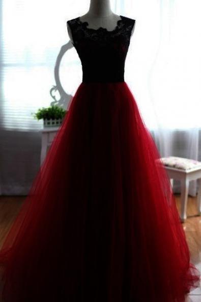 Lace And Tulle Party Gowns 2018, Black And Red Formal Dresses, Charming Formal Gowns