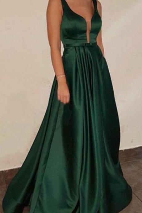 Dark Green Satin Long Formal Dresses, Beautiful Satin V-neckline Party Dresses, A-line Formal Gowns