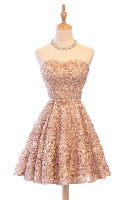 Lovely Light Pink Lace Floral Knee Length Sweetheart Homecoming Dresses With Belt,