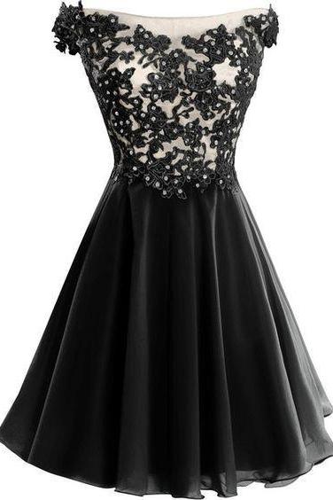 Black Chiffon With Applique Short Cap Sleeves Party Dresses, Cool Black Formal Dress, Homecoming Dress 2018