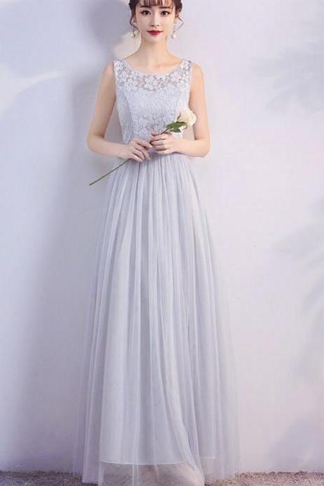 Grey Lace Tulle Long Simple Bridesmaid Dresses, A-line Wedding Party Dresses, Formal Dresses