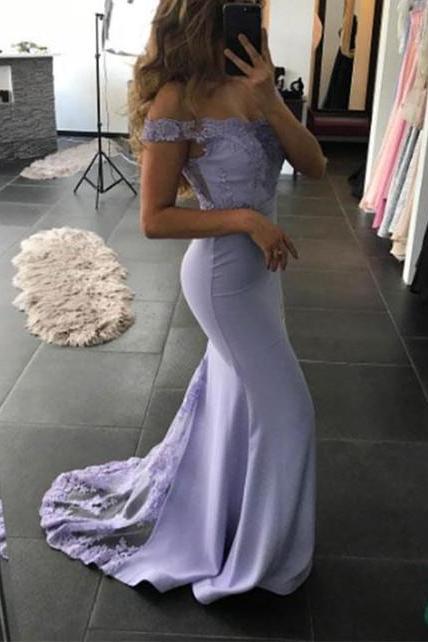Off Shoulder Long Formal Dresses, Beautiful Lace Applique Lavender Party Dress, Prom Gowns