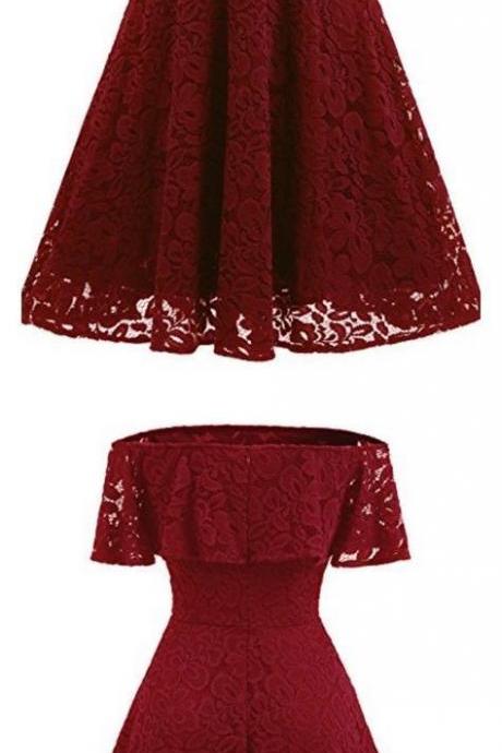 Off Shoulder Wine Red Lace Bridesmaid Dresses, Short Bridesmaid Dresses, Wedding Party Dresses 2018