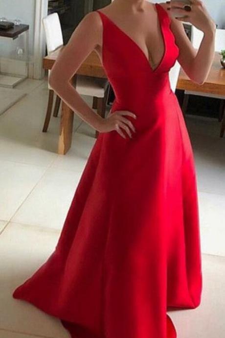 Sexy Red V-neckline Satin Long Formal Dress, Red Evening Gowns, Sexy Party Dresses
