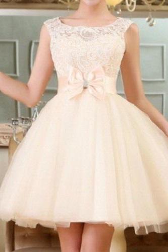 Cute Tulle Champagne Short Teen Formal Dress With Bow, Lovely Party Dress, Homecoming Dresses