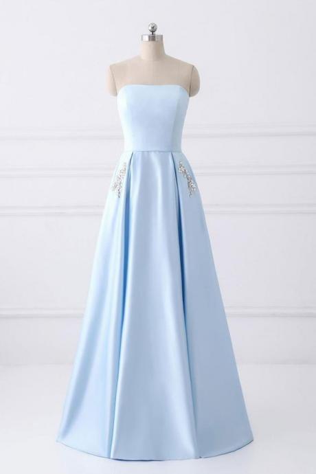Light Blue Satin A-line Simple Long Formal Gowns, Light Blue Party Dress, Evening Dresses