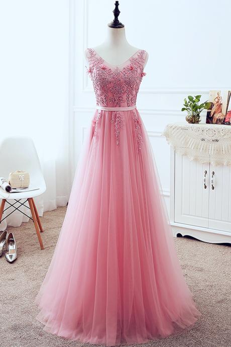 Beautiful Pink Tulle Formal Dress With Applique, Lace-up Formal Dresses, Pretty Formal Gowns