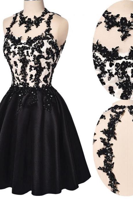 Black Applique Satin Homecoming Dress 2018, Little Black Party Dresses, Cocktail Dresses