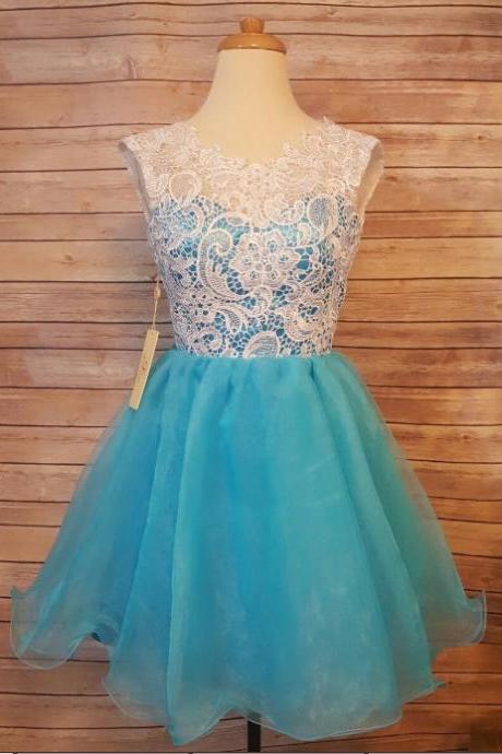 Lace And Blue Organza Cute Short Party Dress, Teen Formal Dress, Short Prom Dress