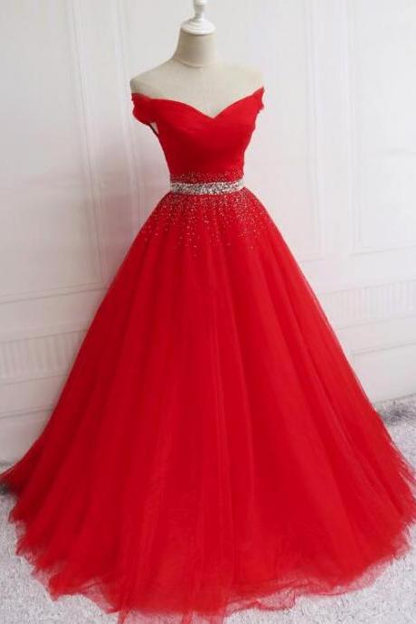 Beautiful Red Tulle Sweetheart Off Shoulder Ball Gowns, Pretty Formal Gowns, Sweet 16 Dresses