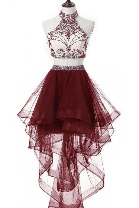 Two Piece Halter Tulle Beaded Homecoming Dress 2018, Pretty Formal Dresses, Two Party Dresses