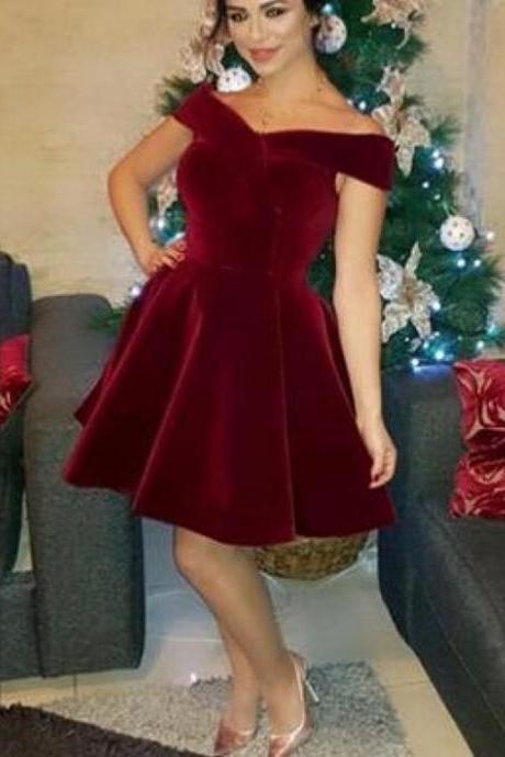 Dark Red Off Shoulder Velvet Short Party Dress, Short Party Dresses, Party Dress 2018