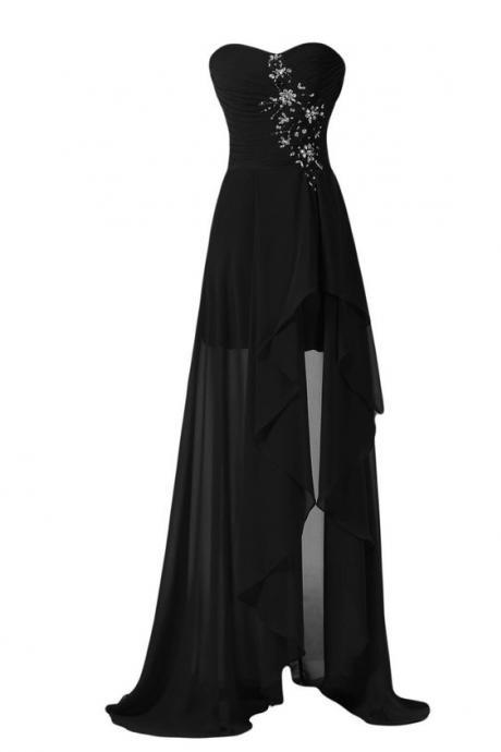 Simple Black High Low Slit Chiffon Elegant Evening Dress, Black Formal Dress, Wedding Party Dresses