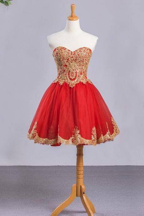 Red Sweetheart Tulle Short Homecoming Dress With Gold Applique, Short Formal Dresses, Red Homecoming Dress 2018