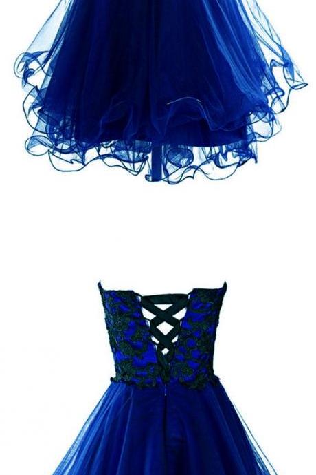 Royal Blue Tulle With Black Applique Party Dress, Cute Lace-up Short Prom Dress 2018, Formal Dress