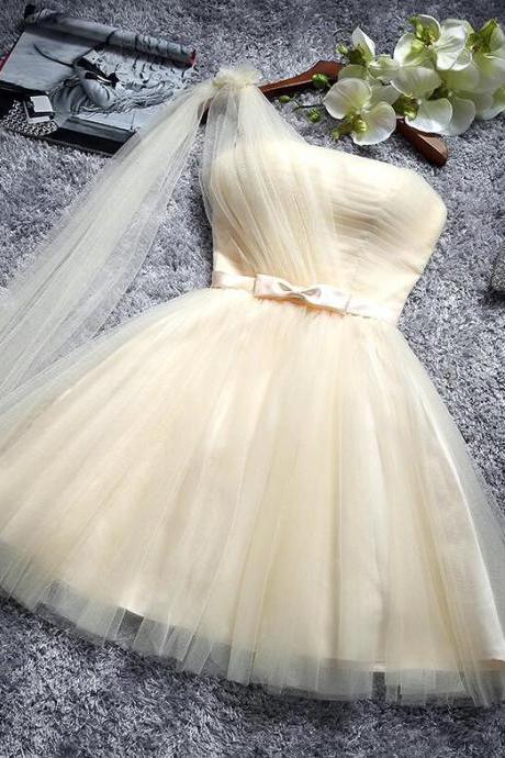 Champagne One Shoulder Tulle Bridesmaid Dresses, Lovely Party Dress, Tulle Formal Dress 2019