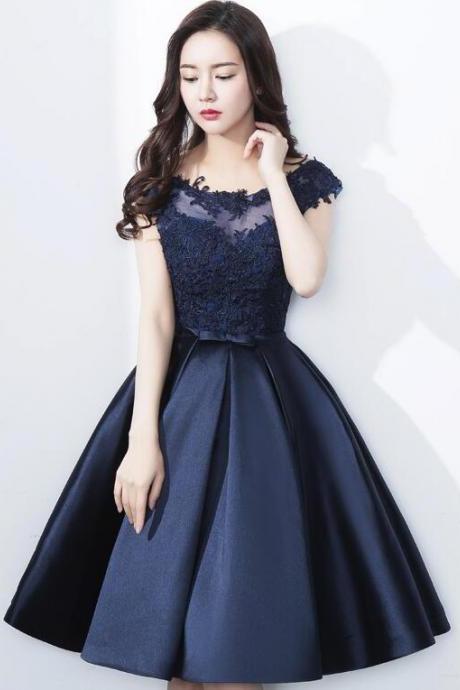Navy Blue Homecoming Dress 2018, Applique Party Dress, Knee Length Formal Dress