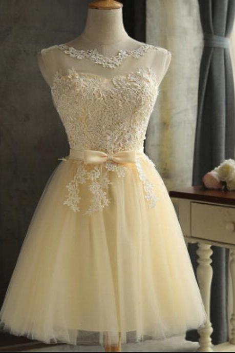 Champagne Short Tulle Party Dress, Lovely Formal Dress, Champagne Prom Dress